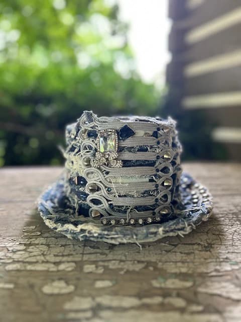 Bleached Denim Crystal Studded Top Hat