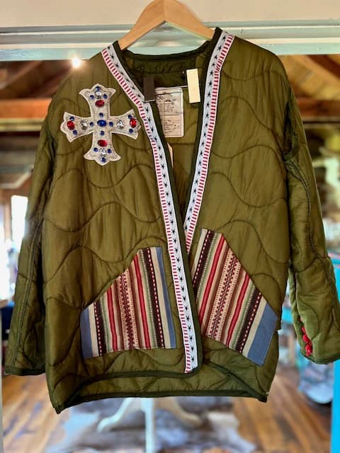 Quilted Army Green Jacket w/ Bling Cross and American Flag