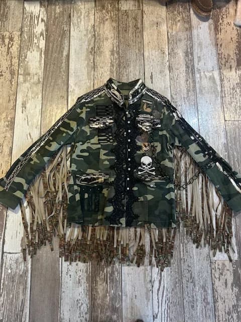 Camo Skull Army Jacket W/ Fringe, Black Lace and Pearl Buttons (Size Medium)