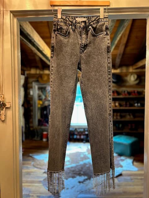 Black Stonewash Rhinestone Fringe Jeans