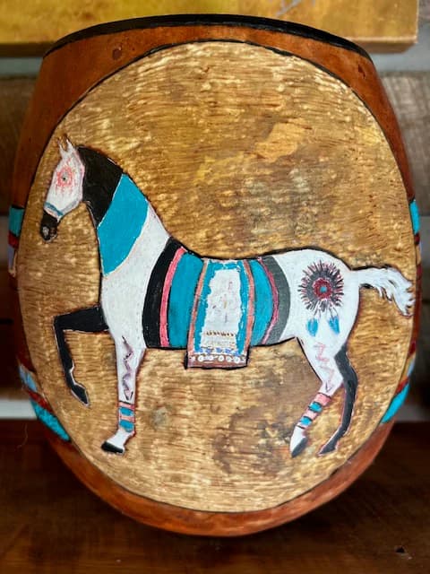 Large Horse Painted Gourd Bowl